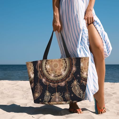 Native American Indian Talisman Dreamcatcher With Magic Mandala And Feathers Beach Bag Women Tote Bag Pool Bag With Zipper For Gym Grocery Travel With Wet Pocket4