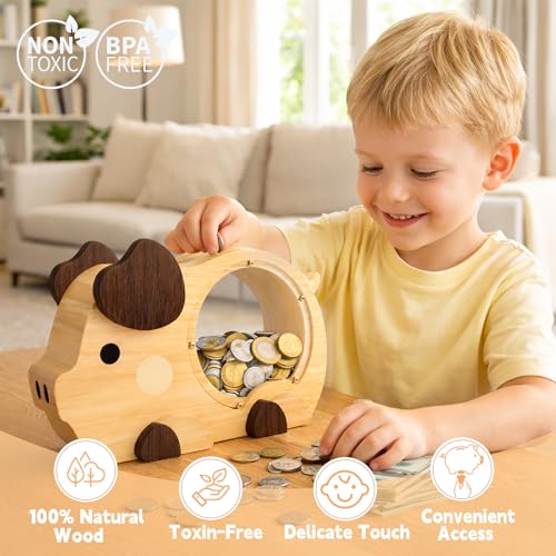 Image of Wooden Piggy Bank for Kids, Cute Money Bank for Boys, Clear Coin Bank with Plug, Wood Kids Bank Toy Unbreakable Money Box, Personalized Gift for Children Birthday Christmas and Festival