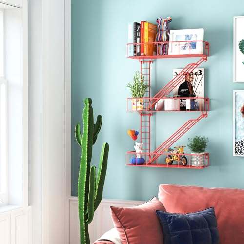 Image of Red Metal Fire Escape Wall Shelf, Unique Decorative Shelves for Wall, New York Shelf Ladder Storage, Funky Knick Knack Shelf Organizer, Industrial Wall Shelves for Bathroom, Living Room