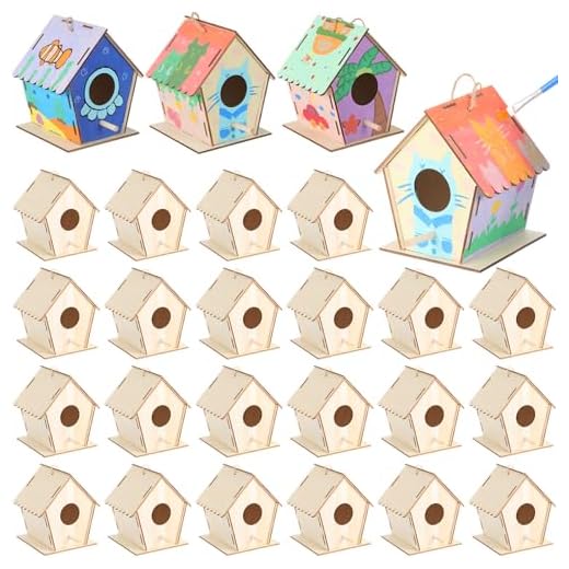 DoubleFill 12 Pack 4.3" Wooden Bird Houses Bulk for Kids with Front Perch Peg, DIY Kid Art Craft Outdoor Birdhouse Kit Unfinished Hanging Birdhouse Class Activity for Girls Boys to Build and Paint