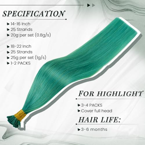 RUNATURE Stick I Tip Hair Extensions Real Human Hair Colored Teal PreBonded I Tip Hair Extensions Human Hair 14 Inch 20 Gram - Image 3