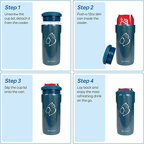 Buzio Skinny Can Cooler 4-In-1 For Beer & Soda, 12Oz Stainless Steel Insulated Slim Cans Sleeve Drink Holder Keeper, Vacuum Beverage Can Insulator, Sweat-Free, Bpa-Free, Gorgeous Blue #TOP4