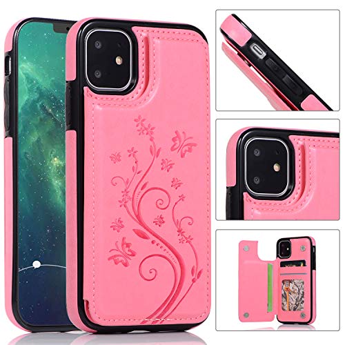 QFUN Back Wallet Case for iphone 11 with Stand, Elegant Embossed Design [Butterfly Flower] Lightweight Slim Fit Leather Phone Case with Card Holder Protective Bumper Flip Cover - Pink