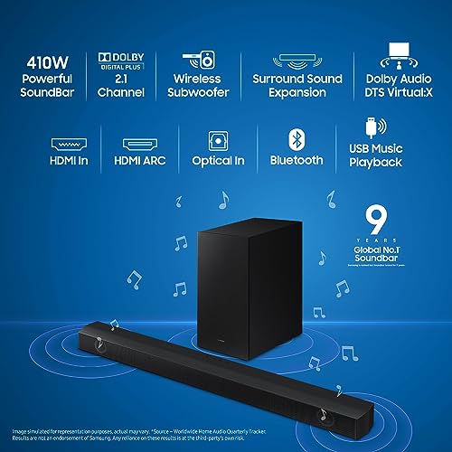 Image of Samsung Soundbar (HW-B550 /XL), 2.1 Channel, Wireless Subwoofer, Dolby 2ch & DTS Virtual X Experience Sound, AI Adaptive Sound Lite, Energy Star (Black)