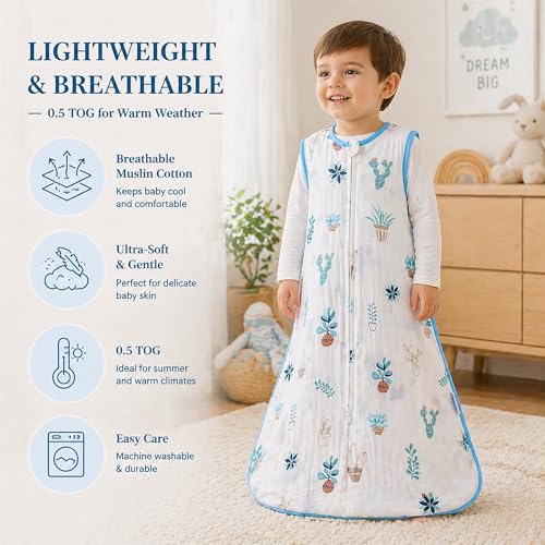 Image of Baby Sleeping Sack Muslin 0.5 tog Cotton 3-12 Months Summer Lightweight Toddler Wearable Blanket Sleeping Bag Thin Breathable Soft Infant Sleeper Sack 6-12M