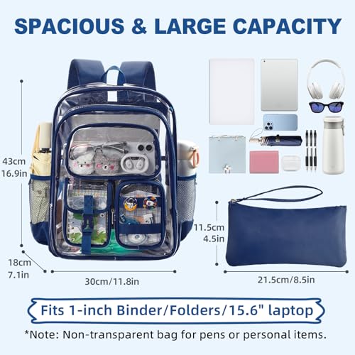 Image of Three-layer Clear Backpack, Heavy Duty Clear Bookbag for Kids, See Through Backpack Transparent Bag for Girls Boys (Navy)