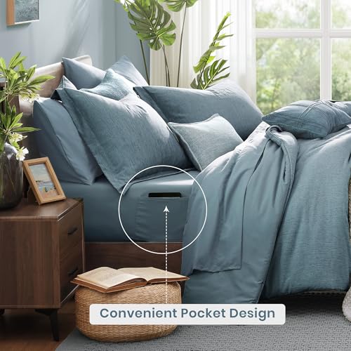 Monbix King Size Comforter Set,7 Pieces Dusty Blue Cationic Dyeing Bed in a Bag King with Comforter, Sheets, Pillowcases & Shams, All Season Reversible Bedding Comforters
