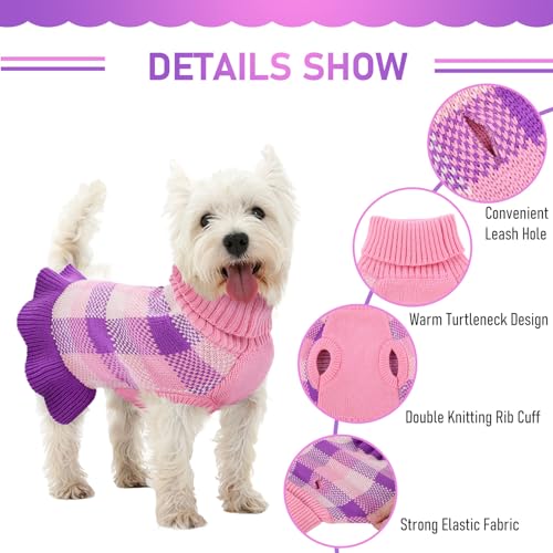 Image of Dog Sweater Dress Plaid Knitwear for Small Medium Dogs Warm Puppy Pet Turtleneck Stretch Pullover Cute Fall Winter Vest Clothes with Leash Hole for Christmas (Purple, L)