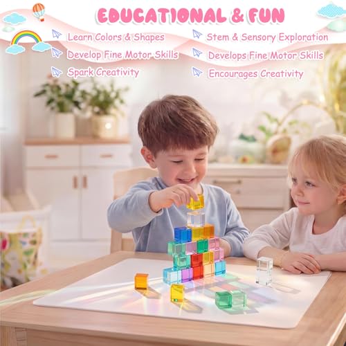 Image of Meooeck 16 Pcs Colored Acrylic Cube Gem Blocks with Wooden Storage Box, Translucent Rainbow Building Stacking Sensory Train Prims Toys for Toddler Kids Montessori School Classroom Supplies