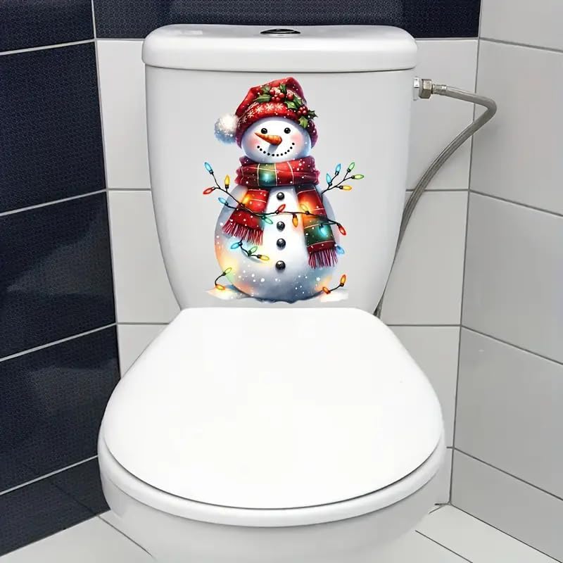 Merry Christmas Snowman Lights Toilet Cover Sticker Decals, Tortoise Seaseed Fish Ocean Waterproof Toilet Lid Tank Seat Decals Cistern Self-Adhesive Bathroom Wall Sticker