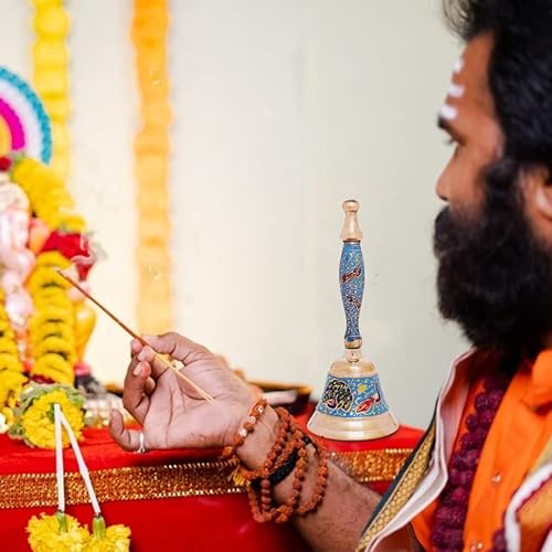 Hashcart Brass Bell – 7 Inch Call Bell, Hand-Carved Large Pooja Ghanti For Temples, Decorative Gold Bells For Hindu Festivals Decorations & Occasional Gifts (Turquoise) #TOP5
