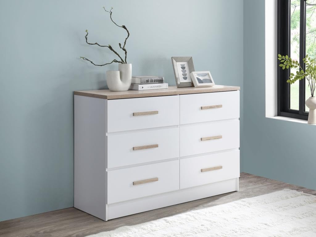 Aghaidh view of the assembled Skaido Low Chest of Drawers with six drawers