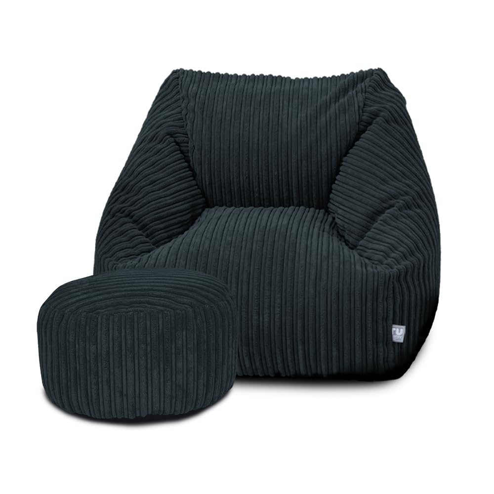 rucomfy Big Kids and Teen Ivory Corduroy Snuggle Chair, Large Machine Washable Beanbag Seat for Comfortable Lounge Room and Bedroom Furniture, 70x80x60cm - (Navy, With Footstool)