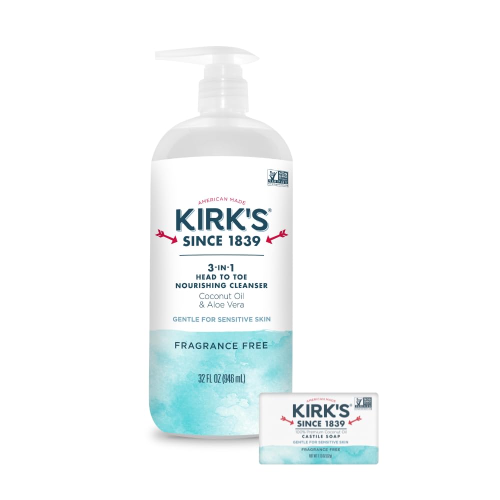Kirk's 3-in-1 Castile Liquid Soap by + Travel Size Bar Soap (1.13 oz.) | Fragrance Free Soap | Head-to-Toe Natural Shampoo, Face Soap & Body Wash for Men, Women & Children | 32 Fl Oz.