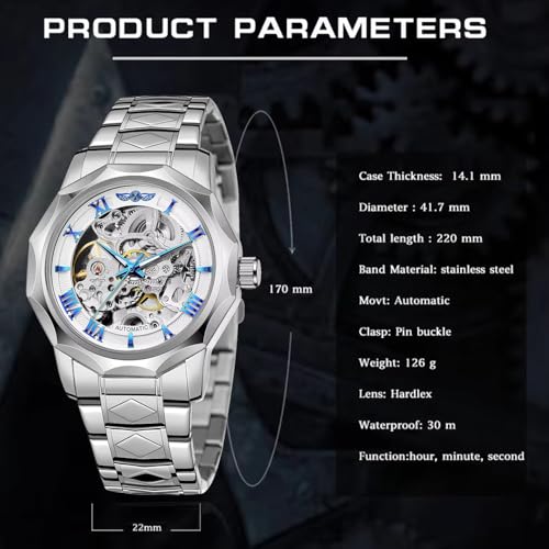 Image of Tiong Men Mechanical Watches Automatic Self-Wind Sliver White Transparent Fashion Mesh Steel Wristwatch Skeleton Male Hot Hour