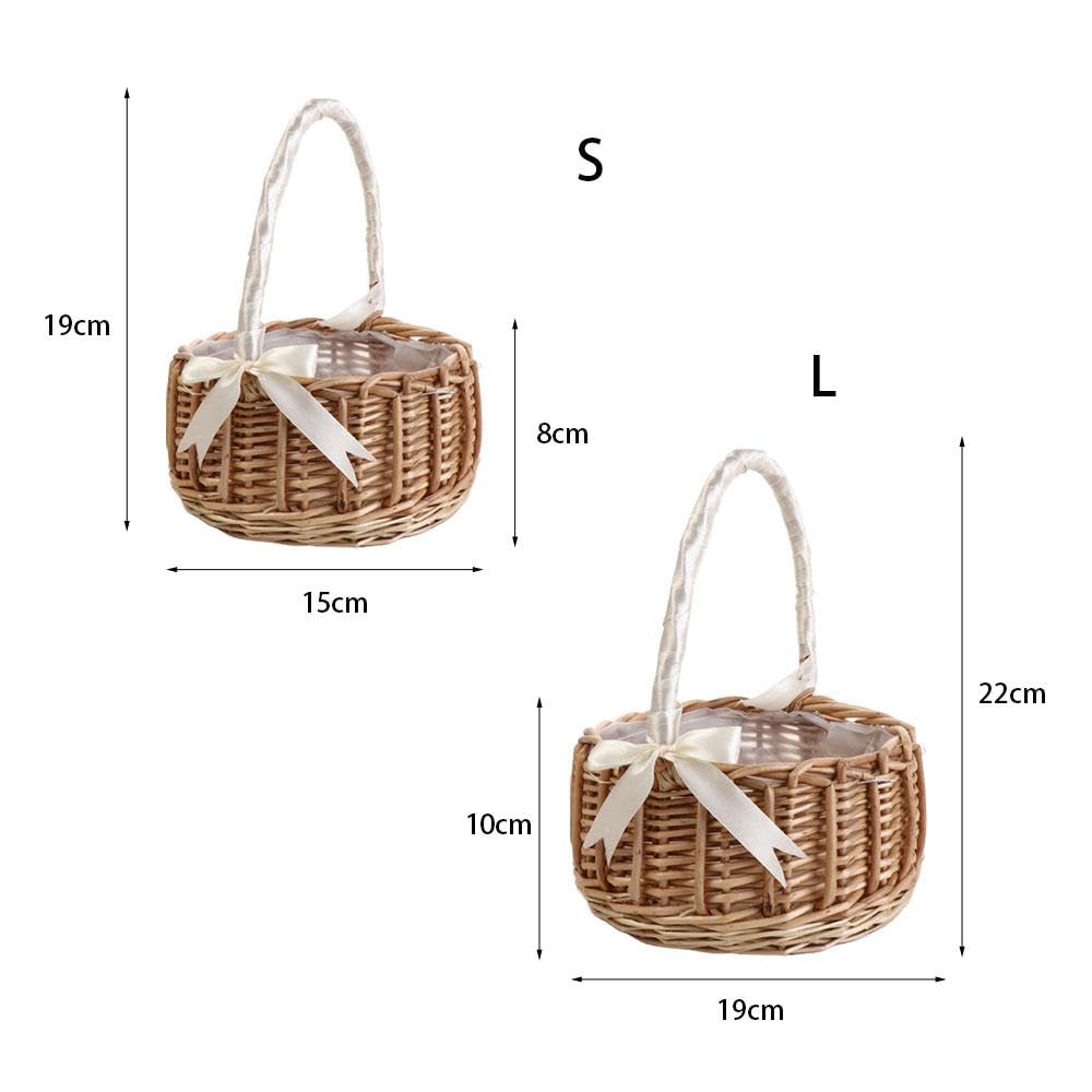 Cesto in vimini per damigelle, cestino per fiori in rattan, con manico e nastro, per feste di nozze (S, rosa)