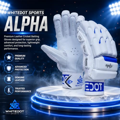 Image of WHITEDOT Sports Alpha Levlon Leather Cricket Batting Gloves for Boys, Left Hand (Small, White)