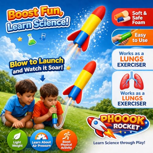 Image of STYLERA Seekho Phoook Rocket STEM Science Educational Toy, Air Powered Blow Launcher, Soft Foam, Lung Exerciser, for Kids Age 5+