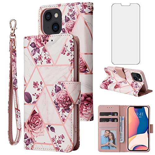 Compatible with iPhone 14 Plus 6.7 inch Wallet Case and Tempered Glass Screen Protector Leather Flip Card Holder Phone Cover for i-Phone 14+ iPhone14Plus 5G i i14 + iPhone14 14Plus Women Men Rose Gold