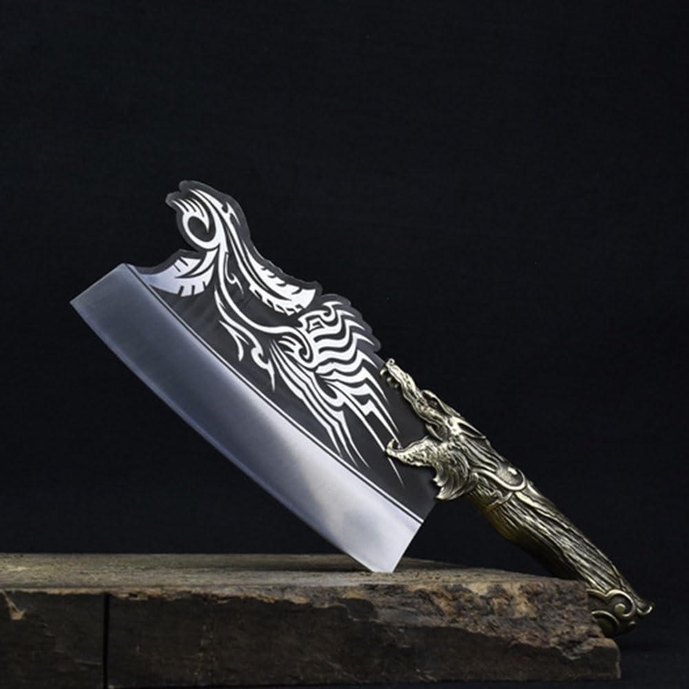 Meat Cleaver,Cleaver Knife 8 Inch Slicing Knife Longquan Kitchen Cleaver Handmade Forged 7Cr17MoV Steel Blade Copper Dragon Decor Handle Chinese Chef Knife