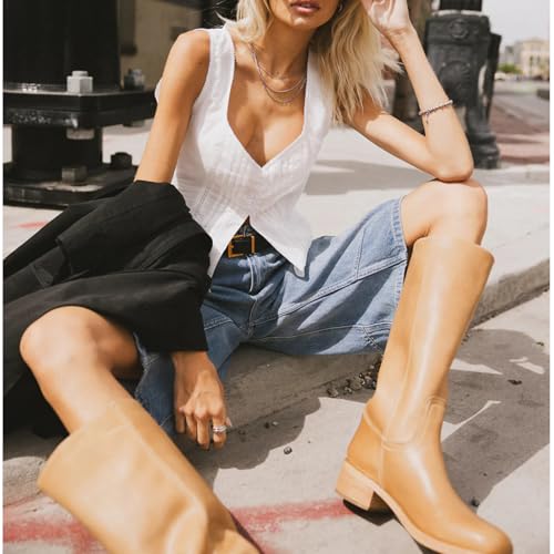 Image of DOEYG Women's Banana Knee High Boots Square Toe Chunky Block Heel Tall Boots Wide Calf Fashion Comfortable Casual Pull on Long Boots