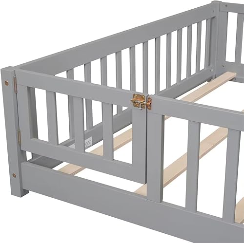 Miniatura 7 de Cama de suelo tamaño Queen, marco de cama Montessori de madera maciza con barandillas en forma de valla y puerta pequeña y listones de madera para
