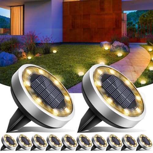 vighep Solar Ground Lights,12 Pack Flat Solar Lights Outdoor Waterproof, Bright LED Solar Disc Lights, 3000K Warm White Landscape Lighting for Outside Yard Garden Pathway Driveway Lawn