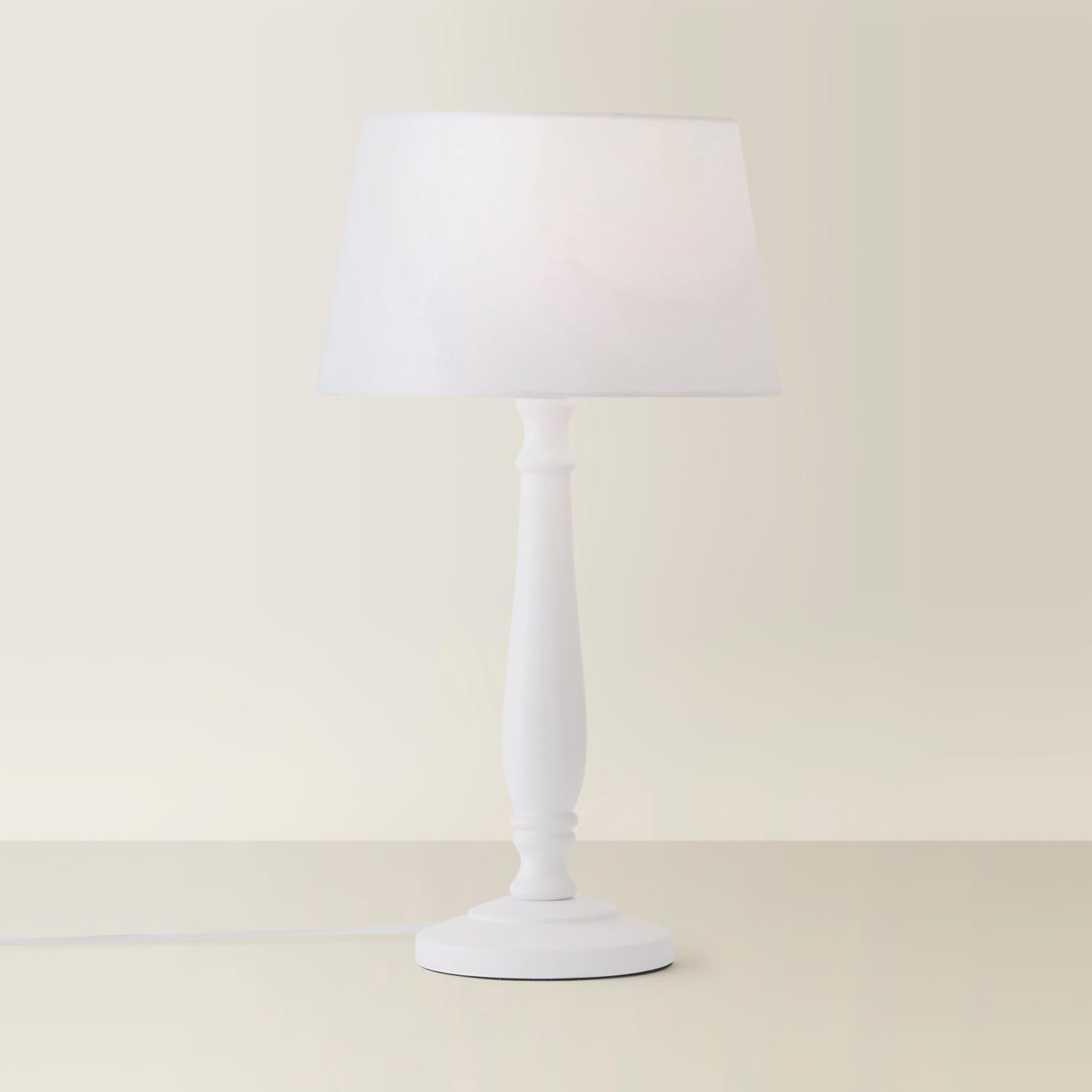 ValueLights Victoria White Wood Traditional Stem Table Lamp with Fabric Tapered Shade