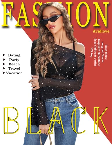 Avidlove Mesh Top for Women Long Sleeve Off The Shoulder Tops Sexy Clubwear Outfits Rhinestone Shirts S-XXL3