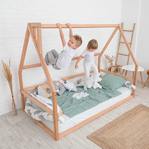 BUSYWOOD Kids Montessori Design Play Room- Toddler Floor Bed House Frame – Montessori Bed Twin – House Frame Toddler Bed (Model 1, Natural Wood, Floor Bed)