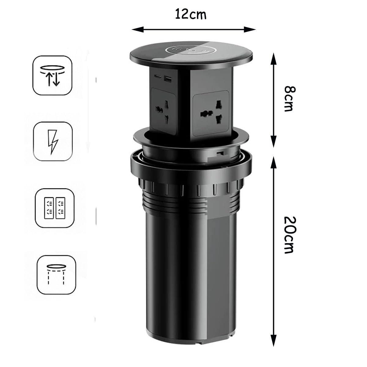 Gniazdko Pop-up, ukryty pasek prądu automatycznie z bezprzewodową ładowarką 15 W, 4 x 2,1 A gniazda USB AC i stacjami szybkiego ładowania PD 20 W typu C do