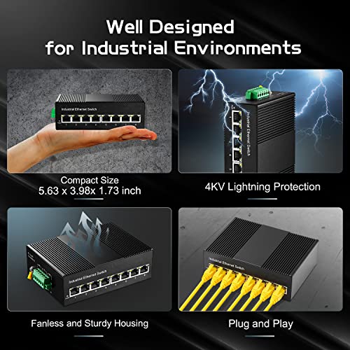 Image of 8 Port Gigabit Industrial Ethernet Switch, 8 Ports 10 /100 /1000Mbps, Fanless Wall Mount and Din Rail, Metal IP40 -40~75C, with One Power Supply