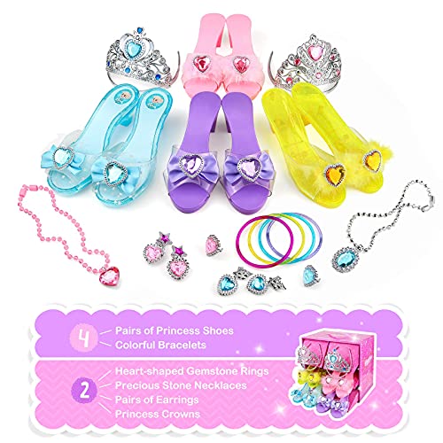 Teuevayl Girls Princess Dress Up Shoes and Jewelry Boutique, Princess Role Play Shoes Collection Set with 4 Pairs of Shoes & Princess Jewelry Accessories for Little Girl Aged 3,4,5,6 Years Old