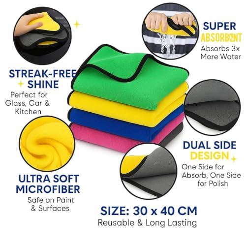 Image of 3 Pcs Microfiber Cleaning Cloth + 10 Pc Car Wash Powder Tabs, Heavy Duty Car Cloth Microfiber for Washing Drying Polishing, Reusable Dusting Cloth and Car Cleaning Cloth for Home Garage and Bike Use