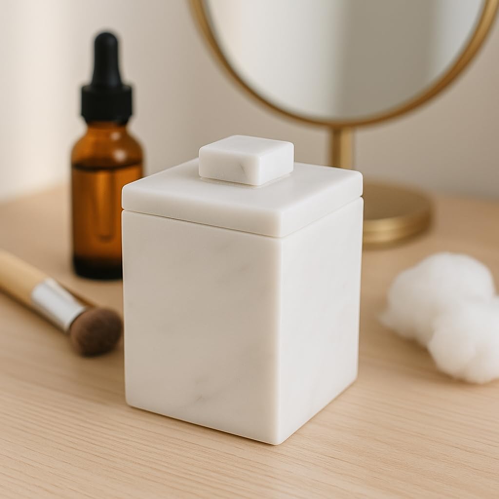 Luxury Natural Marble Cotton Ball Holder Handmade White Taj Mahal Marble Storage Jar for Bathroom Vanity and Living Room Elegant & Moisture Resistant Jewelry and Cotton Swab Organizer