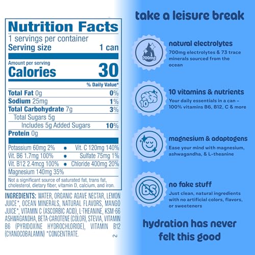 Image of Leisure Hydration Non-Carbonated Electrolyte Refresher, Four Flavor Variety Pack - Low Sugar Nutrient Enhanced Water Beverage - Get The Best Hydration Packed w / Magnesium & Ashwagandha For Mood & Stress Support, Non-GMO, 16 oz (12-Cans)