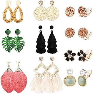 ADRAMATA 10 Pairs Clip on Earrings for Women Drop Earrings Bohemian Acrylic Dangle Rattan Earrings Clips Handmade Lightweight Geometric Flower Pearl Tassel Hoop Earrings Non Pierced Jewelry