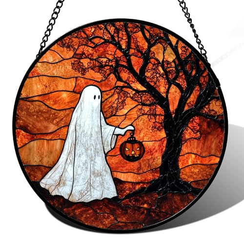 Image of Stained Glass Window Hanging - Halloween Ghost Holding A Pumpkin Lantern Suncatcher for Door Garden Spooky Tree Sun Catchers Gothic Decorations Horror Gifts for Women Men Friend 9.8 in