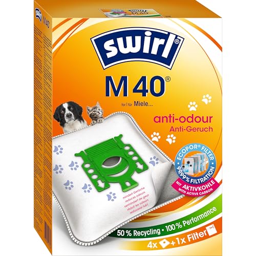 Swirl M 40 EcoPor Anti-Geruch Staubsaugerbeutel (4 Beutel) reißfeste Staubbeutel für einige Miele & Hoover Staubsauger mit Geruchsfilter 99 9% Filterung von Hausstaub & allergenem Feinstaub