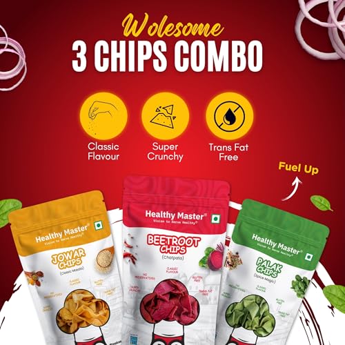 Image of Healthy Master Chips Combo (Beetroot, Palak, Jowar) | Pack of 3 (100g each) | Light & Crispy Chips, high protein | Natural ingredients, Vegan, Gluten Free, No Palm Oil, No Artificial Preservatives, Trans Fat Free & Low Calorie