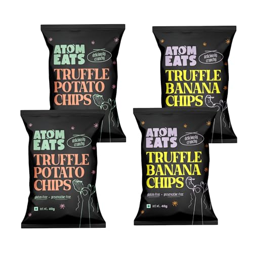 Image of Atom Eats | Truffle Banana Chips & Truffle Potato Chips Combo - (Pack of 4) 40g Each | Black Truffle & Cheese Flavor | Crunchy Gourmet Snacks for Parties, Drinks, Tea & Coffee | Imported Quality