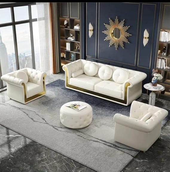 Modern Classic Luxury Teak Wood Sofa Set, Chesterfield Style Design Living Room, Bedroom, Hallways and Office.(L-Shape) (OffWhite - 3+1+1- Seater)-image-36