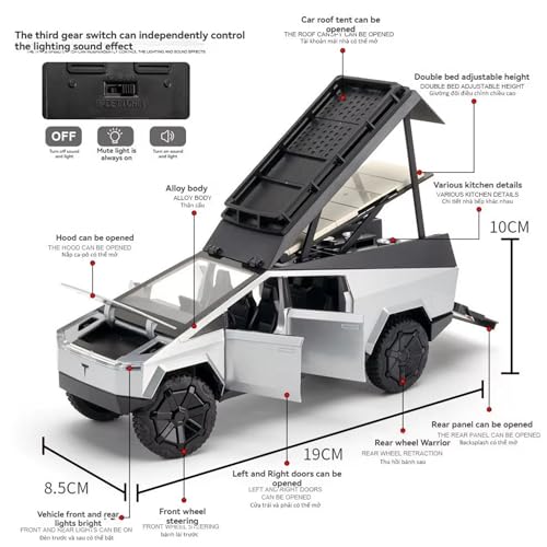Image of Tesla Cyber Truck Camping Pickup RV with Motorcycle 1:32 Model Car Alloy Metal Pull Back Die-cast Metal Toy car with Openable Doors & Light Music Gifts Toys Kids【Colors as Per Stock】