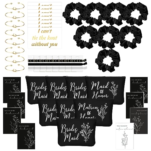48 Pcs 8 Sets Bridesmaid Proposal Gifts Bulk Wedding Will You Be My Maid of Honor Matron of Honor Bridal Shower Makeup Bags Scrunchies Bracelets Cards for Wedding Bridesmaids(Black)