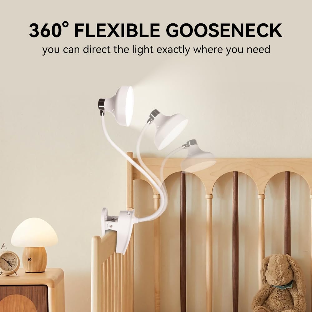 Clip On Clamp Light for Bed Headboard,Rechargeable Desk Lamp,3 Colors (White/Warm White/Warm),Dimmable 360° Gooseneck,20 LED,Eye-Caring Light for Study & WorkCollege Dorm Essentials for Girls & Guys