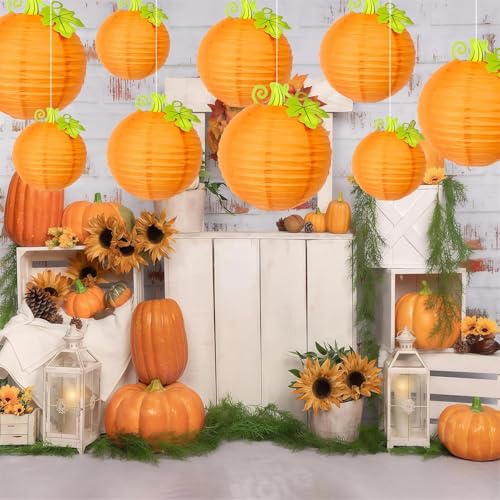 Image of 12Pcs Fall Thanksgiving Pumpkins Decorations Orange Paper Pumpkin Ball Decorations Lanterns Unique Design Perfect for Halloween Jack O Lantern Classroom Kitchen Party Indoor Outdoor
