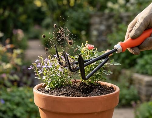 Image of Ocean Mart Hand Cultivator - 1 PC | Agriculture Tool for Home Gardening | Farming Tiller for Plants in Garden Durable Hand Cultivator (Red Handle, Black Metal)