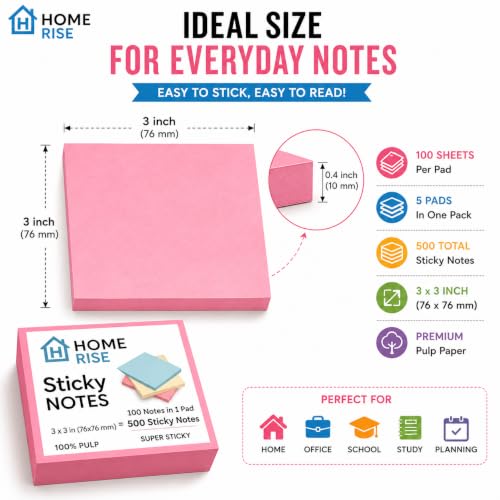 Image of 500 Super Sticky Notes pad 3 x 3 Inch (76 x 76 mm) - 5 Pads x 100 Sheets | 100% Pulp Paper | Colourful Self-Adhesive Memo Pads | Durable, Office, Study, School & Reminder