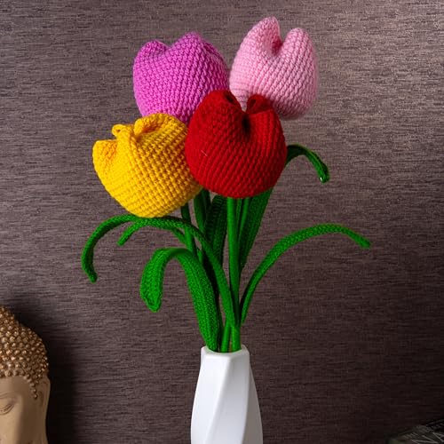 Image of Tulip Crochet Flowers | Handcrafted Artificial Woolen Flower with Long Stem | Natural Looking Knitted Flower for Home, Living Room, Vase & Bouquet Decoration & Gifting |Red-Yellow-Pink-BabyPink