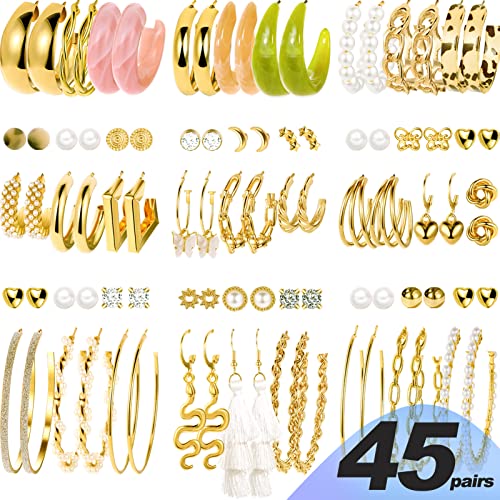 45 Pairs Gold Hoop Earrings For Girls Women, Chunky Twisted Small Big Hoops Earring Packs Set, Earrings For Women Multipack, Fashion Trendy Earrings Jewelry For Birthday Party Christmas Gift (0-Gold Color) #TOP1